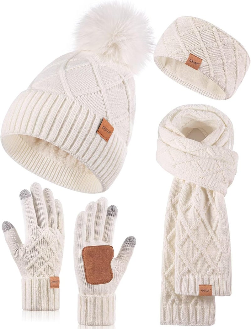 APEVAN Womens Winter Hat Gloves Scarf Headband Set, Pom Pom Beanie Long Scarf Touchscreen Gloves Ear Warmer, 4 in 1 Warm Gift Set - Image 1